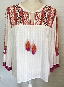 Chico’s Sz 3 (XL) White Fringed Cotton Tunic Boho Top w/ Pink Orange Tassels - Picture 1 of 9