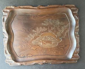 Vintage Handgeschnitzt Holz Serviertablett Baum Orientalisch Haus Stil Intarsien Selten 13,5" - Bild 1 von 19