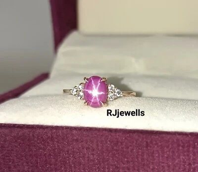 14K Rose Gold Pink lindy Star Sapphire Ring Valentine Gift Lab Created 6 Star - Image 1 of 4