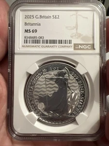 2025 Great Britain 2 Pound 1 Ounce Silver Brittania NGC MS69 - Picture 1 of 6