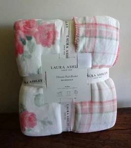 LAURA ASHLEY Reversible COTTAGE PINK ROSE PLAID Plush FLEECE KING BLANKET - Picture 1 of 5
