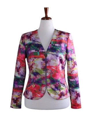 JOSEPH RIBKOFF $285 Smooth Stretch Stretch Zip Up Abstract Jacket Top Size 10 - Image 1 of 4