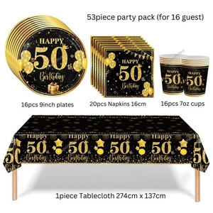 Fiesta 50 Cumpleaños Negro Oro Platos Tazas Servilletas Mantel Cubiertos Vajilla - Imagen 1 de 7