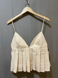 NWOT ZARA Women Spaghetti Strap Cotton Pleated Crop Top SZ L Beige/Pink Striped - Picture 1 of 14