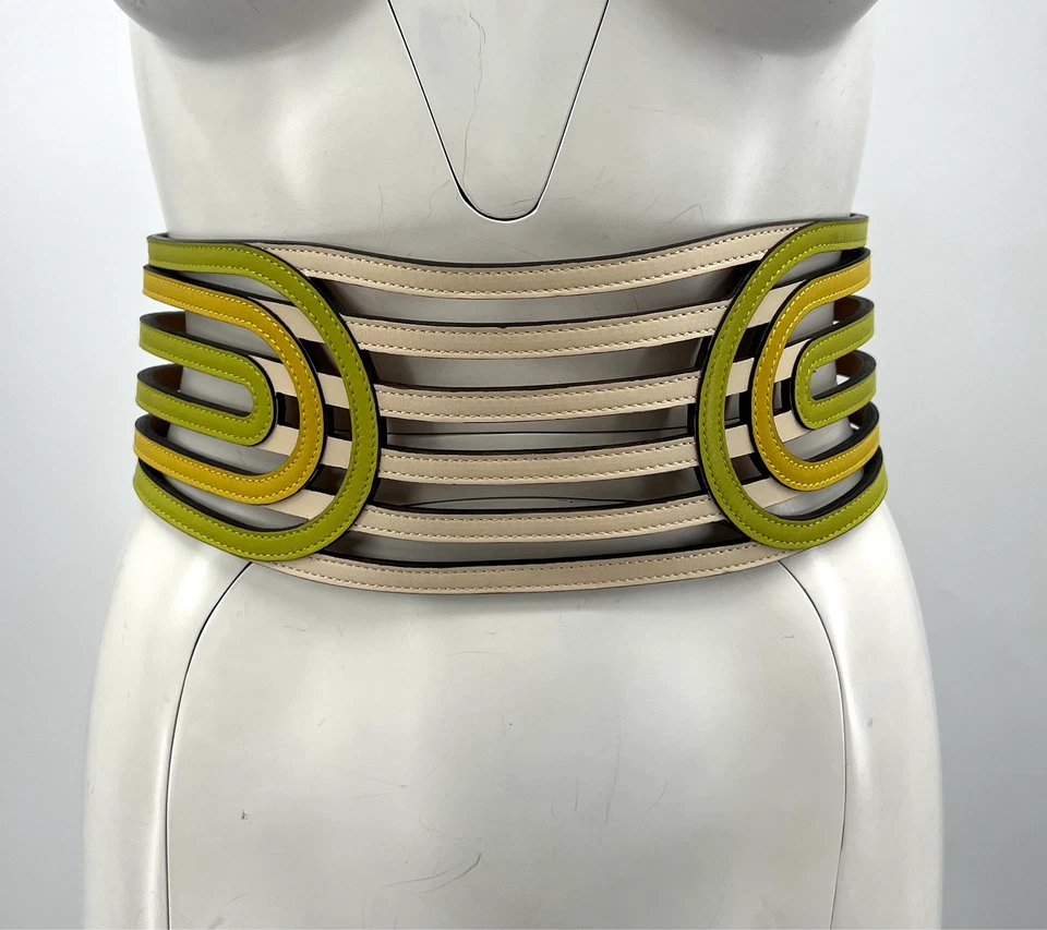 Roberto Cavalli green yellow beige leather 6 row wide Belt Sz 42/75 small - Image 1 of 4