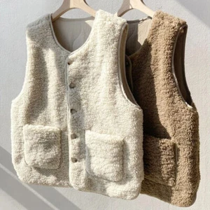 Vests Button Waistcoat Hair Thermal Warm Thick Sleeveless Jacket Ladies Coats - Picture 1 of 26