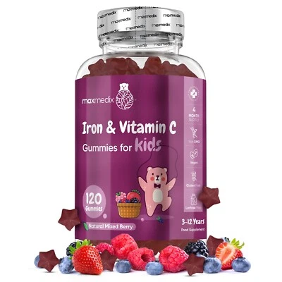 MAXMEDIX Iron & Vitamin C - 120 Kids Gummies - Metabolism, Immune support - Bone health