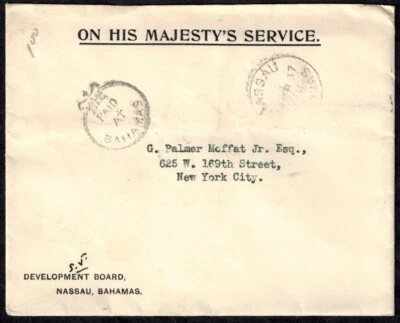Bahamas 1937 OHMS Cover w/RARE CROWN CIRCLE PAID AT BAHAMAS BLACK - Image 1 of 2