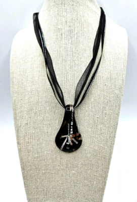 Black Lace 3 Strand Necklace Black Silver Art Deco Glass Pendant Ethnic 16" - Image 1 of 4