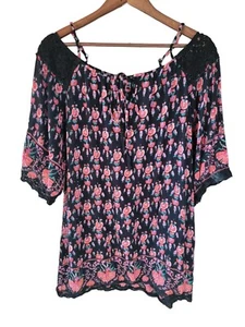 Angie Size Large Black Top Boho Peasant Crochet Floral Cold Shoulder Tassel - Picture 1 of 4