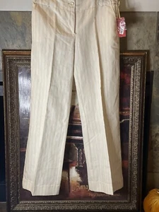 Women’s Linen Pinstripe Wide Leg Trouser Pant Cream & Blue Size 6 TapeMeasure - Picture 1 of 7