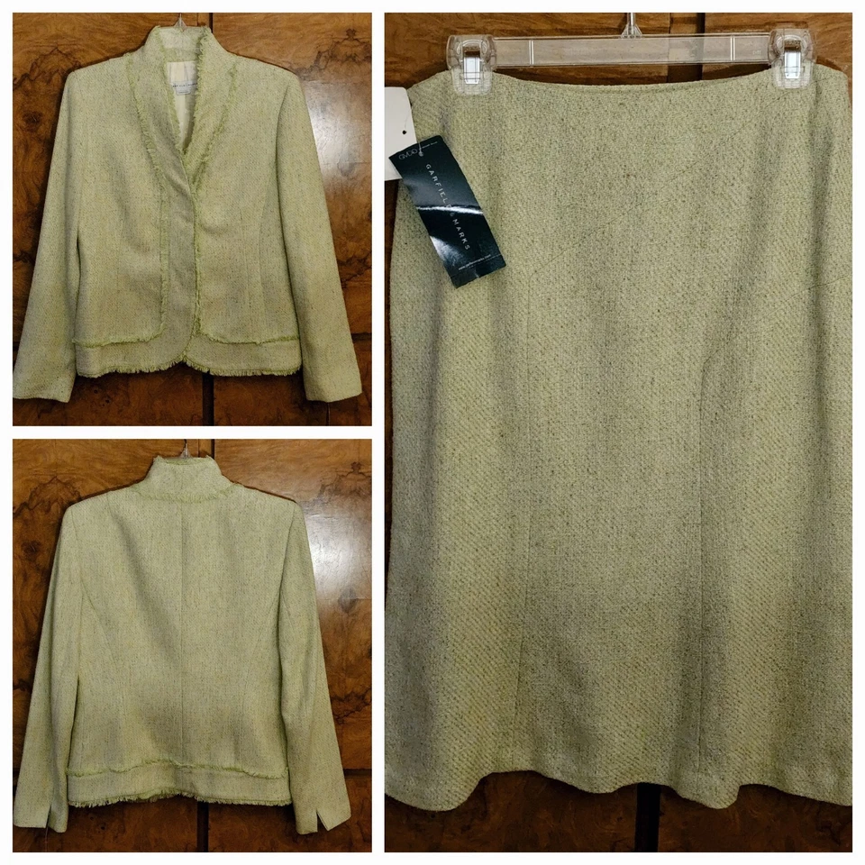 TRAJE FALDA MUJER NUEVO CON ETIQUETAS GARFIELD AND MARKS TWEED VERDE FLECOS MEZCLA SEDA ~ TALLA 6 Foto 1 de 4