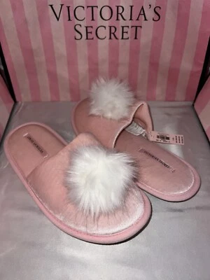 Victorias Secret Slippers Velvet Fur Pom Pom Large Pink & White - Image 1 of 2