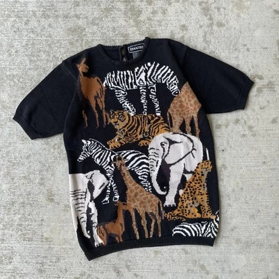 Vintage 90s Safari Animals All Over Graphic Knit Short Sleeve Sweater Terazzo L - Image 1 of 4