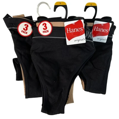 9 Pairs Hanes Originals Womens Ribbed Thong Underwear Black Tan L New - Image 1 of 4