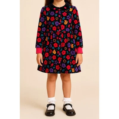 GYMBOREE Girl's Vintage Black Floral Velour Button Front Dress XL Long Sleeve - Image 1 of 4