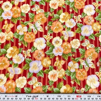 Metallic Butterflies & Flowers Striped Blank Quilting Cotton Remnant 12" x 42" - Image 1 of 2