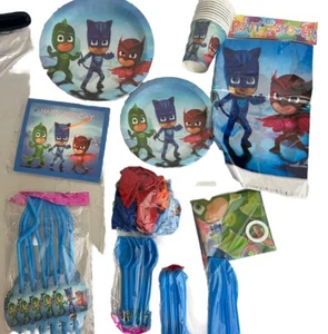 PJ masks Birthday Party Supplies Plates Napkins Tablecloth Cups Straw 100 Pce - Picture 1 of 7