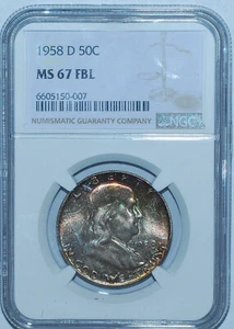 1958 D NGC MS67FBL Full Bell Lines Franklin Half Dollar Mint Set Toned - Picture 1 of 2