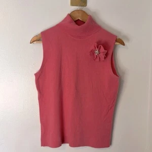 Dana Buchman 100% Cashmere Pink Turtleneck Sleeveless Top w/ Flower Brooch Sz S - Picture 1 of 7