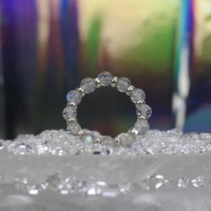 Blue Labradorite Smooth Round Gemstone Silver Feld Beads stretchable Ring 4-5MM - Picture 1 of 15