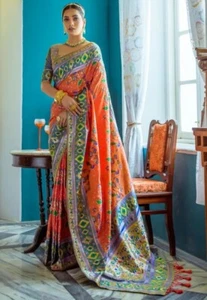 Utsav Fashion Paithani Silk Saree 3pc Bollywood Set - Orange - 26" Across Chest - Picture 1 of 8