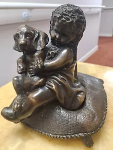 More details for vintage cast bronze girl with dog figurine statue
