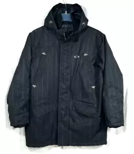 Oakley Jacket Full Zip Hood Parka Black Pinstripe Coat Magnetic Buttons Pockets - Picture 1 of 24