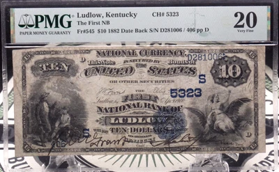 1882 $10 National VALUE Back Bank Note *LUDLOW* KY Fr#545 PMG VF20 CH#5323 ECC&C - Image 1 of 4