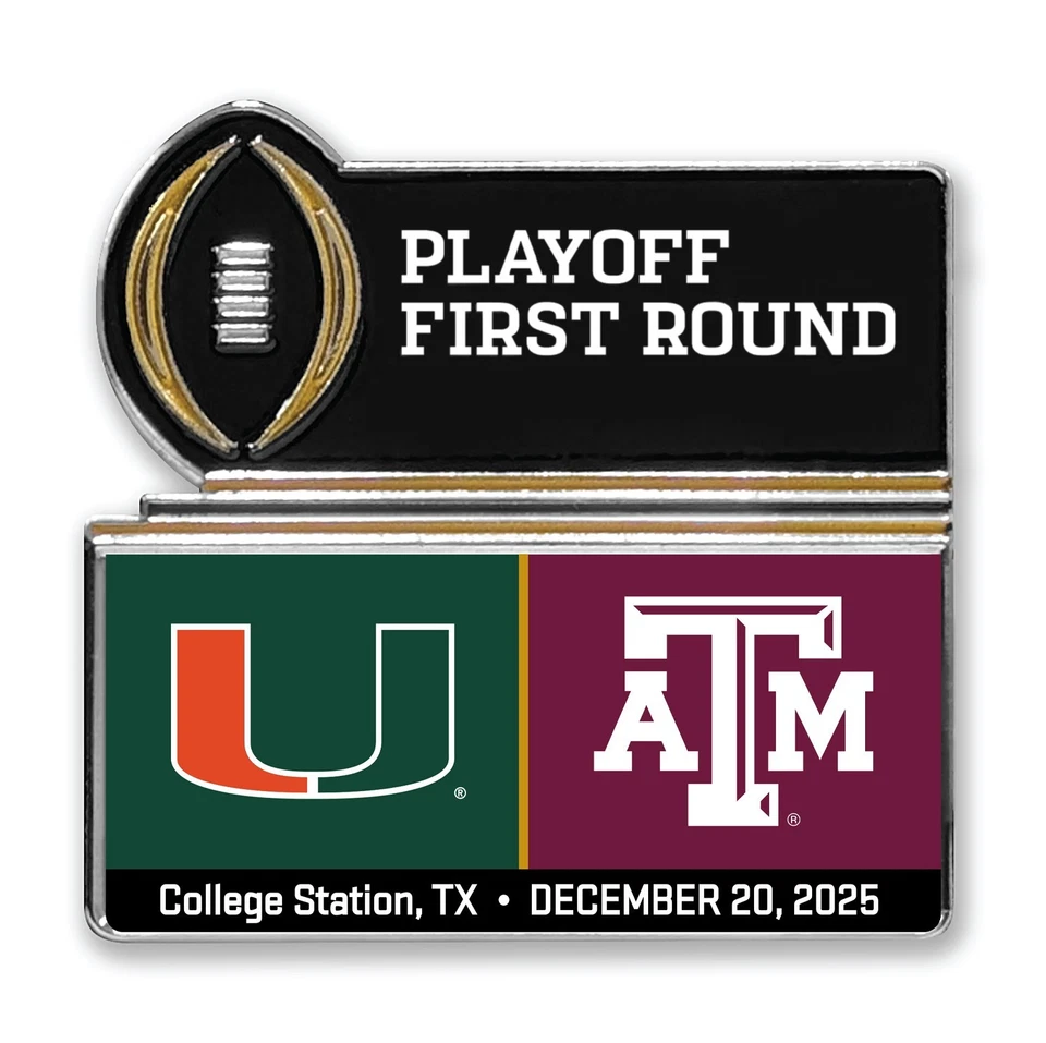 Prendedor de solapa de juego 2025 Playoff primera ronda CFP Miami Hurricanes Texas A&M Aggies Foto 1 de 1
