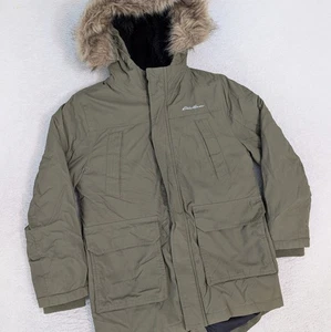 Eddie Bauer Small (7/8) Kids Down Duck Faux Fur Lined Hood Parka Olive Pockets! - Picture 1 of 10