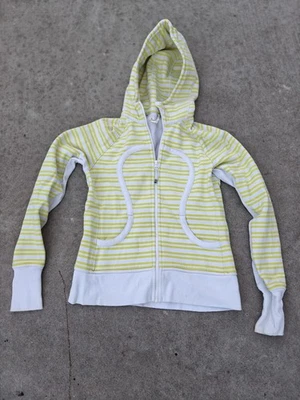 LULULEMON AMARILLO BLANCO RAYAS BUCEO CREMALLERA SUDADERA CON CAPUCHA TALLA 8 MUJER GIMNASIO ENTRENAMIENTO  Foto 1 de 4
