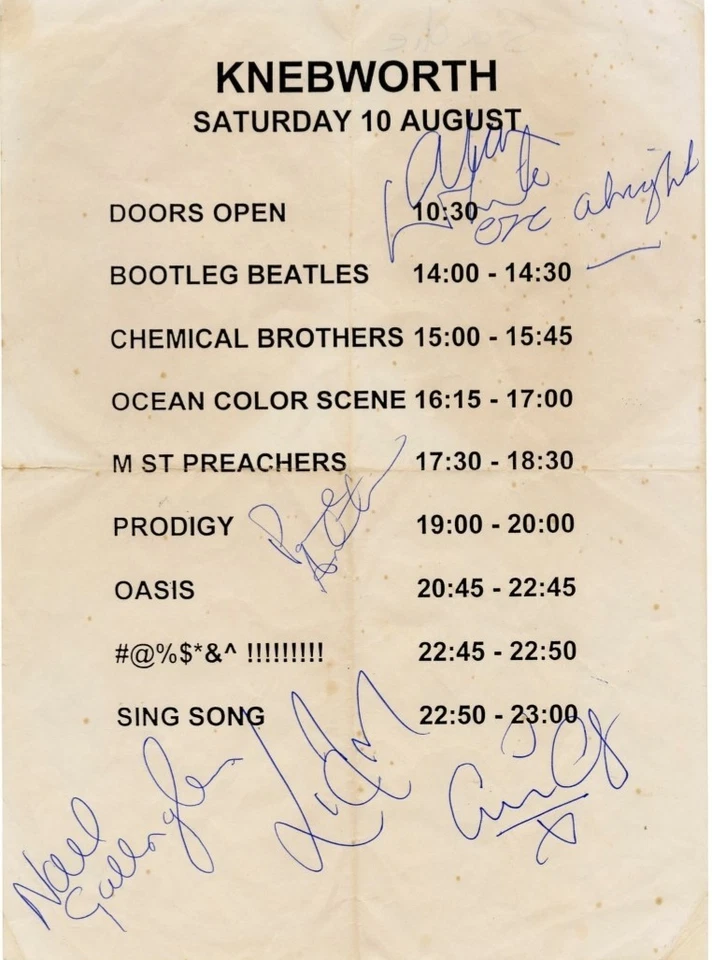 KNEBWORTH 1996 BAND ORDER SIGNED BY OASIS PHOTO A5 MUSIC MEMORABILIA £5 FREEPOS - Image 1 of 1
