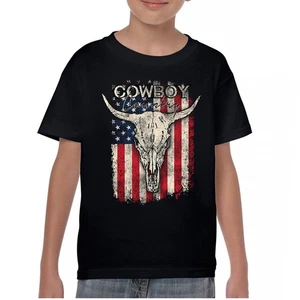 Cowboy Country Steer Head Youth T-shirt Rustic Cow Skull American Flag Kids - Picture 1 of 50