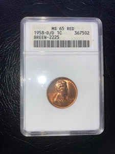 1958-D/D Lincoln Wheat Cent 1C ANACS MS 65 RED, OLD HOLDER Double Die Error - Picture 1 of 2