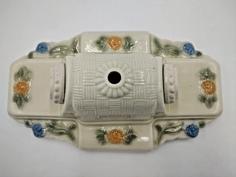 Art Deco Double Light Fixture Wall Sconce Floral Basket Weave Ceramic Porcelain Cover