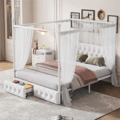 Queen Size Upholstered Canopy Bed Frame with 2 Drawers & Button Tufted Headboard - Image 1 of 4