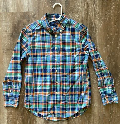 RALPH LAUREN blue plaid polo shirt~boy's size 8~button down collar~l/s - Image 1 of 4