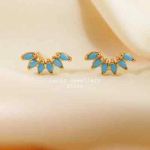 Gold Turquoise Curved Line Leaf Marquise Post Climber Stud Earrings - Picture 1 of 8