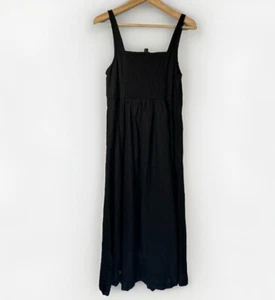 Old Navy Dress M Black Linen Sleeveless Midi Smocked Pockets Cottagecore Prairie - Picture 1 of 9