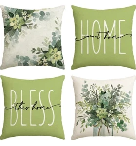Home Sweet Home Eucalyptus Leaves Green Throw Pillow Covers 18"x18" - Picture 1 of 11