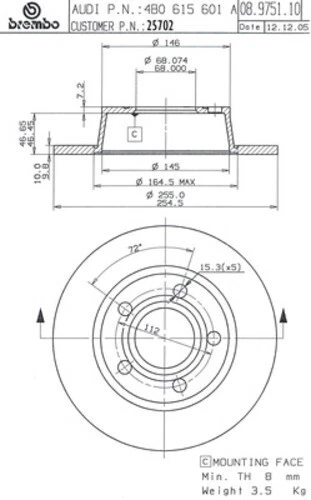 Rotor de freno de disco sólido OE repuesto Brembo 25702 se adapta 00-04 Audi A6 Quattro Foto 1 de 1