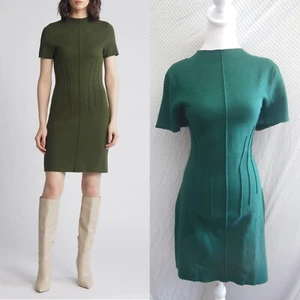 NEW ELIZA J Pine Green PINTUCK Sweater Knit HIGH NECK Fitted SHEATH DRESS L - Afbeelding 1 van 18