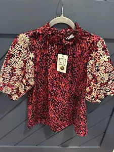 THML Women’s Top Medium Pink Red Black Multi Embroidered Puff Sleeve - Picture 1 of 11