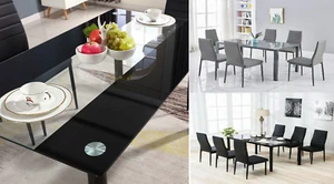 DINING TABLE AND 6 BLACK GREY CHAIRS DINING TABLE SET GLASS BLACK KITCHEN SET  - Picture 1 of 53