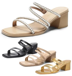 Women Slide Sandals Low Chunky Block Heel Open Toe Strappy Mule Heeled Sandals - Picture 1 of 35