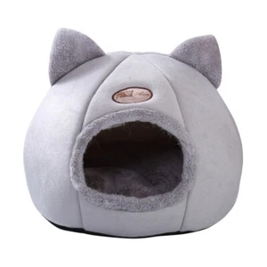 Large Cat Bed Cave Small Wool Cozy Pet Igloo Bed Winter House Nest Kennel Grey - Picture 1 of 13