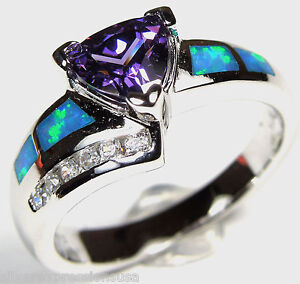 7mm Amethyst & Blue Fire Opal Inlay Solid 925 Sterling Silver Ring size 6 7 8 9
