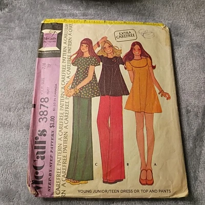 McCalls Carefree Pattern 3878 Junior/Teen Dress Top Pants Size 7/8 Pre-Cut - Image 1 of 2