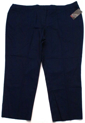 Pantalones de satén elásticos Avenue, azul oscuro, pierna recta ajustada, talla grande 32 para mujer Foto 1 de 3
